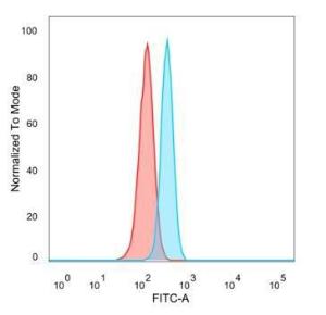 Flow cytometric analysis of PFA-fixed HeLa cells using Anti-IRF3 Antibody [PCRP-IRF3-1D11] followed by Goat Anti-Mouse IgG (CFand#174; 488) (Blue). Unstained cells (Red)