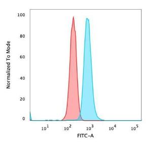 Flow cytometric analysis of PFA fixed HeLa cells using Anti-NF-kB p65 Antibody [PCRP-RELA-1E3] followed by Goat Anti-Mouse IgG (CF&#174; 488) (Blue). Isotype Control (Red)