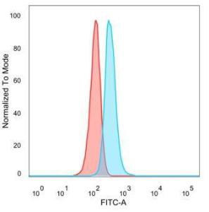 Flow cytometric analysis of PFA-fixed HeLa cells using Anti-ERK2 Antibody [PCRP-MAPK1-1D1] followed by Goat Anti-Mouse IgG (CF&#174; 488) (Blue) Unstained cells (Red)