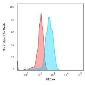 Flow cytometric analysis of human Jurkat cells using Anti-CD5 Antibody [CD5/2416] followed by Goat Anti-Mouse IgG (CF&#174; 488) (Blue). Isotype Control (Red)