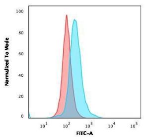 Flow cytometric analysis of PFA fixed Ramos cells using Anti-CD5 Antibody [CD5/2418] followed by Goat Anti-Mouse IgG (CF&#174; 488) (Blue). Isotype Control (Red)