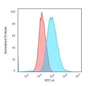 Flow cytometric analysis of trypsinized methanol fixed HeLa cells using Anti-Cytokeratin 7 Antibody [KRT7/903] followed by Goat Anti-Mouse IgG (CF&#174; 488) (Blue). Isotype Control (Red)