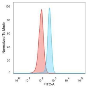 Flow cytometric analysis of PFA-fixed HeLa cells using Anti-RXRG Antibody [PCRP-RXRG-5G6] followed by Goat Anti-Mouse IgG (CF&#174; 488) (Blue). Isotype Control (Red)