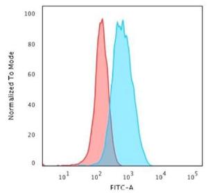 Flow cytometric analysis of Jurkat cells using Anti-CD3 epsilon Antibody [C3e/1931] followed by Goat Anti-Mouse IgG (CF&#174; 488) (Blue). Isotype Control (Red)