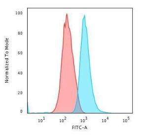 Flow cytometric analysis of trypsinized methanol fixed HeLa cells using Anti-Cytokeratin 14 Antibody [LL002] followed by Goat Anti-Mouse IgG (CFand#174; 488) (Blue). Isotype Control (Red)