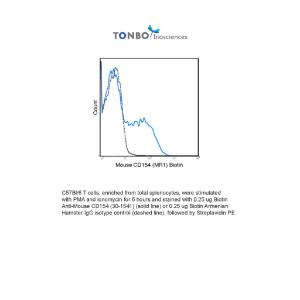 C57Bl/6 T cells, enriched from total splenocytes, were stimulated with PMA and ionomycin for 6 hours and stained with 0.25 ug Biotin Anti-Mouse CD154 (30-1541) (solid line) or 0.25 ug Biotin Armenian Hamster IgG isotype control (dashed line), followed by Streptavidin PE.