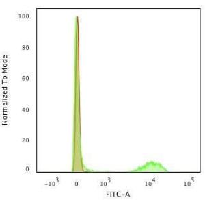 Flow cytometric analysis of PBMC cells using Anti-CD4 Antibody [rC4/206] followed by Goat Anti-Mouse IgG (CF&#174; 488) (Green) Unstained cells (red)