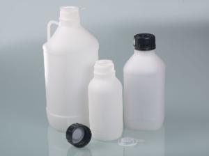 Bottles, UN, narrow neck, square, HDPE, with screw caps