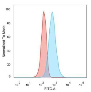 Flow cytometric analysis of PFA-fixed U87 cells using Anti-MED21 Antibody [PCRP-MED21-4B5] followed by Goat Anti-Mouse IgG (CF&#174; 488) (Blue) Unstained cells (Red)