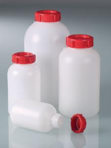 Bottles, wide neck, HDPE, round, sealable, with screw cap and sealing eyelets