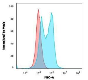 Flow cytometric analysis of PFA fixed Ramos cells using Anti-PU.1 Antibody [PU1/2146] followed by Goat Anti-Mouse IgG (CF&#174; 488) (Blue). Isotype Control (Red)