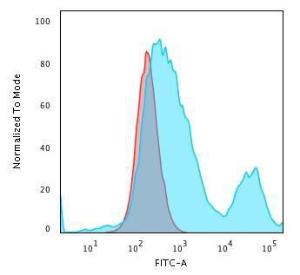 Flow cytometric analysis of PFA fixed HeLa cells using Anti-Cytokeratin 18 Antibody [C-04] followed by Goat Anti-Mouse IgG (CF&#174; 488) (Blue) Isotype Control (Red)