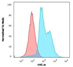 Flow cytometric analysis of Jurkat cells using Anti-CD40L Antibody [CD40LG/2761] followed by Goat Anti-Mouse IgG (CF&#174; 488) (Blue) Isotype Control (Red)