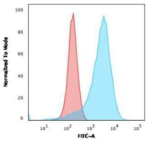 Flow cytometric analysis of K562 cells using Anti-CD43 Antibody [SPN/839] followed by Goat Anti-Mouse IgG (CFand#174; 488) (Blue). Isotype Control (Red)