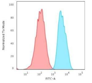 Flow cytometric analysis of MCF-7 cells using Anti-EpCAM Antibody [EGP40/2571R] followed by Goat Anti-Mouse IgG (CF&#174; 488) (Blue). Isotype Control (Red).