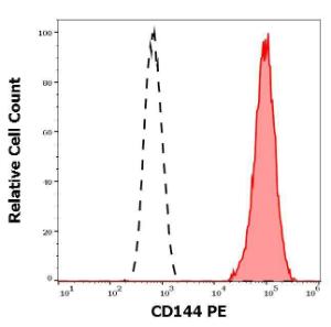 Separation of HUVEC cells (red-filled) from HL-60 cells (black-dashed) in flow cytometry analysis using Anti-CD144 Antibody [55-7H1] (PE) (10µl reagent per milion cells in 100µl of cell suspension)