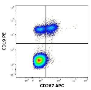 Flow cytometric analysis of human lymphocytes using Anti-CD267 Antibody [1A1] (APC) (10µl reagent per 100µl of peripheral whole blood) and Anti-CD19 Antibody [LT19] (PE) (20µl reagent per 100µl of peripheral whole blood)