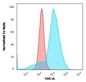 Flow cytometric analysis of U87MG cells using Anti-CD68 Antibody [C68/684] followed by Goat Anti-Mouse IgG (CF&#174; 488) (Blue). Isotype Control (Red).