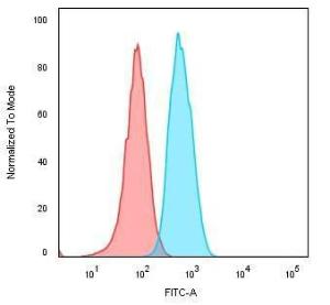 Flow cytometric analysis of human Raji cells using Anti-CD74 Antibody [CLIP/813] followed by Goat Anti-Mouse IgG (CF&#174; 488) (Blue). Isotype Control (Red).