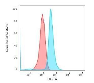 Flow cytometric analysis of Raji cells using Anti-CD79a Antibody [JCB117] followed by Goat Anti-Mouse IgG (CF&#174; 488) (Blue). Isotype Control (Red)