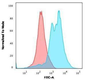 Flow cytometric analysis of PFA fixed Jurkat cells using Anti-ZAP70 Antibody [2F3.2] followed by Goat Anti-Mouse IgG (CF&#174; 488) (Blue). Isotype Control (Red).