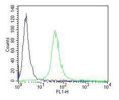 Flow Cytometry analysis of paraformaldehyde fixed Jurkat using Anti-CD34 Antibody (A82559) at 10 µg/ml in green and negative control goat IgG at 0.1mg/ml in blue. Detected by Alexa Fluor®48