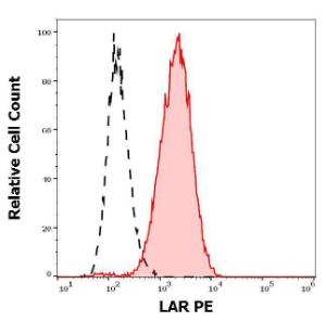 Separation of HeLa cells stained using Anti-LAR Antibody (PE) (concentration in sample 05 µg/ml, red-filled) from HeLa cells stained using Mouse IgG1 [MOPC-21] (PE) isotype control (concentration in sample 05 µg/ml, black-dashed) in flow cytometry analysis (surface staining) HeLa cell suspension