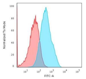 Flow cytometric analysis of MCF-7 cells using Anti-LI Cadherin Antibody [CDH17/2618] followed by Goat Anti-Mouse IgG (CF&#174; 488) (Blue). Isotype Control (Red).