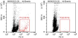 Flow cytometry analysis of 2% paraformaldehyde fixed HEK293 cells transfected with GFP expressing plasmid (Left Panel), permeabilized with 0.5% Triton