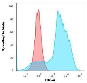 Flow cytometric analysis of MOLT4 cells using Anti-CD134 Antibody [OX40/3108] followed by Goat Anti-Mouse IgG (CF&#174; 488) (Blue). Isotype Control (Red)