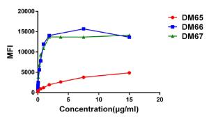 Affinity ranking of different rabbit monoclonal Anti-4-1BB Antibodyies by titration of different concentrations onto Expi 293 cell line transfected with human 4-1BB. The Y-axis represents the mean fluorescence intensity (MFI) while the X-axis represents the concentration of IgG used