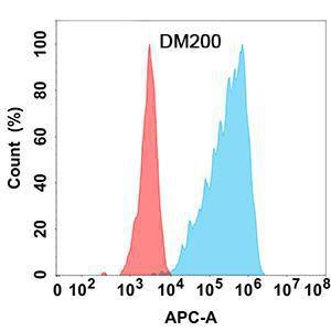 Flow cytometry analysis with Anti-GM-CSF Antibody [DM200] - Azide free (A318509) on Expi293 cells transfected with human GM-CSF (blue histogram) or Expi293 transfected with irrelevant protein (red histogram)