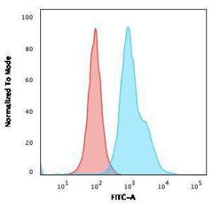 Flow cytometric analysis of human Raji cells using Anti-HLA DRB Antibody [SPM423] followed by Goat Anti-Mouse IgG (CF&#174; 488) (Blue). Isotype Control (Red)