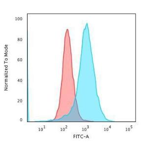 Flow cytometric analysis of PFA fixed K562 cells using Anti-Nucleolin Antibody [SPM614] followed by Goat Anti-Mouse IgG (CF and #174; 488) (Blue). Isotype Control (Red)