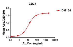 ELISA plate pre-coated by 1 µg/ml (100 µl/well) Recombinant Human CD34 Protein (6×His Tag) (A318258) can bind Anti-CD34 Antibody [DM134] - Azide free (A318573) in a linear range of 0.2-12 µg/ml