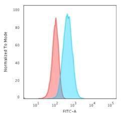 Flow cytometric analysis of T98G cells using Anti-GFAP Antibody [GA-5] followed by Goat Anti-Mouse IgG (CF&#174; 488) (Blue). Isotype Control (Red).