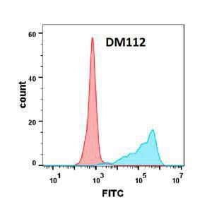 Flow cytometry analysis with Anti-OX40L/TNFSF4 Antibody [DM112] - Azide free (A318595) on Expi293 cells transfected with human OX40L (blue histogram) or Expi293 transfected with irrelevant protein (red histogram)