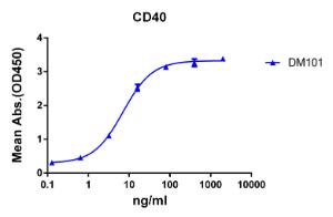 ELISA plate pre-coated by 2 µg/ml (100 µl/well) Recombinant Human CD40 Protein (Fc Chimera 6xHis Tag) (A318393) can bind Anti-CD40 Antibody [DM101] - Azide free (A318604) in a linear range of 0.64-80 µg/ml