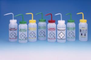 Wash bottles, wide neck, with coloured caps, labelled, Safety-Vented™, SP Bel-Art