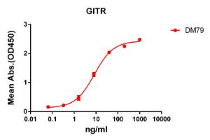 ELISA plate pre-coated by 2 µg/ml (100 µl/well) Recombinant Human GITR Protein (Fc Chimera 6xHis Tag) (A318390) can bind Anti-GITR Antibody [DM79] - Azide free (A318626) in a linear range of 1-100 µg/ml