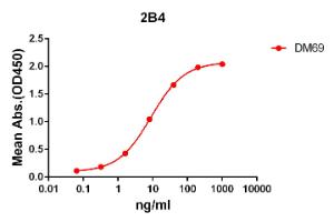 ELISA plate pre-coated by 2 µg/ml (100 µl/well) Recombinant Human 2B4 Protein (Fc Chimera 6xhis tag) (A318398) can bind Anti-2B4 Antibody [DM69] - Azide free (A318631) in a linear range of 1-100 µg/ml