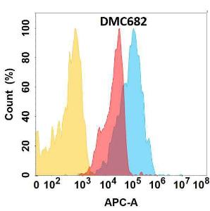 CD166 protein is expressed on the surface of Expi293 cell membrane Flow cytometry analysis with Anti-CD166 Chimeric Antibody [DMC682] - Azide free (A318686) on Expi293 cells transfected with human CD166 (blue histogram) or Expi293 transfected with irrelevant protein (red histogram)