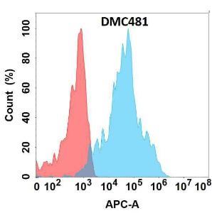 Flow cytometry analysis with Anti-EMR1/ADGRE1 Chimeric Antibody [DMC481] - Azide free (A318709) on Expi293 cells transfected with human ADGRE1 (blue histogram) or Expi293 transfected with irrelevant protein (red histogram)