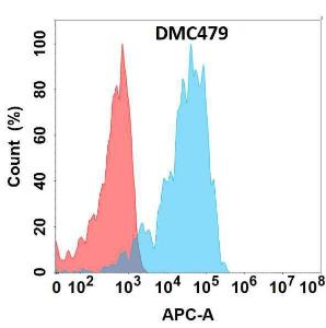 Flow cytometry analysis with Anti-APCDD1 Chimeric Antibody [DMC479] - Azide free (A318711) on Expi293 cells transfected with human APCDD1 (blue histogram) or Expi293 transfected with irrelevant protein (red histogram)